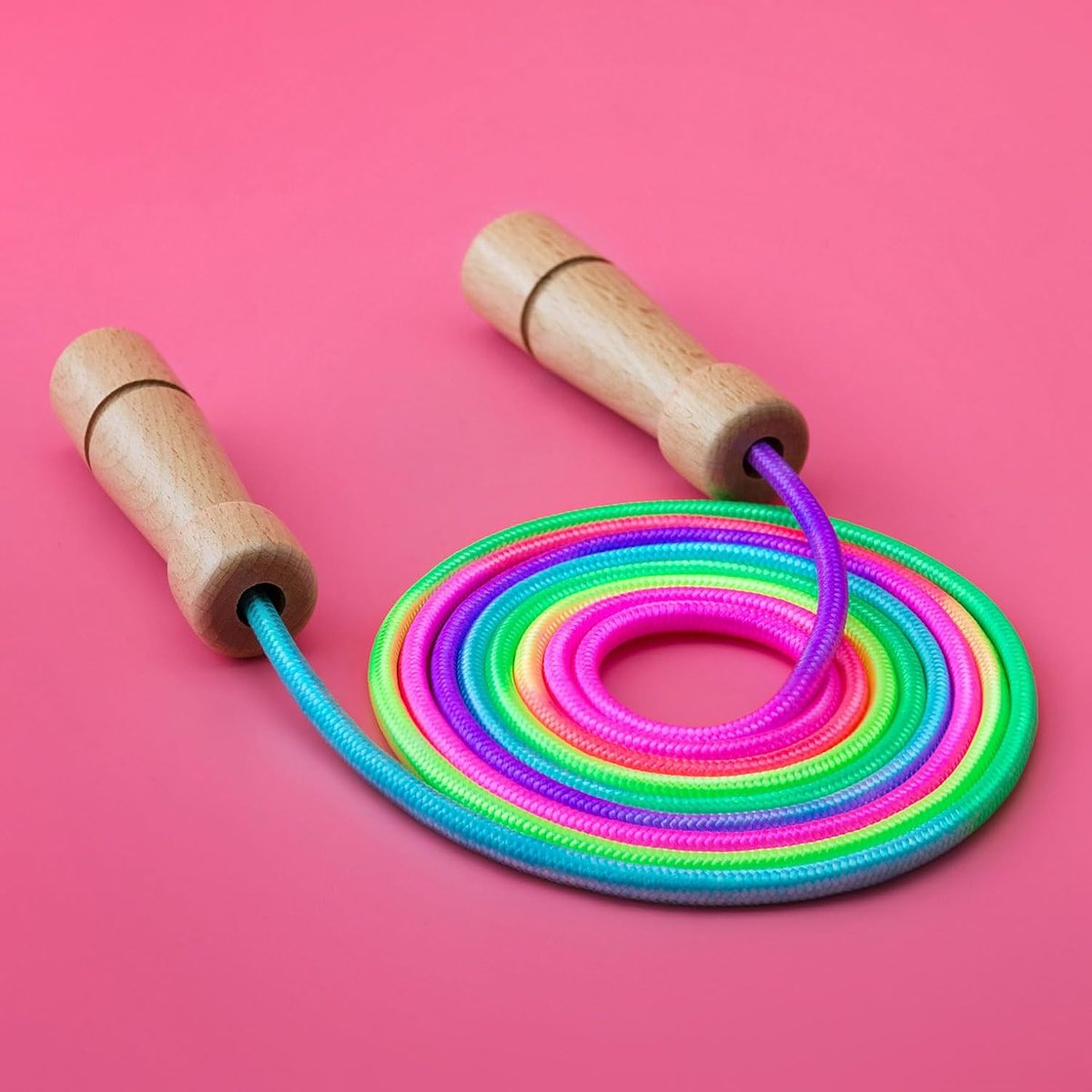 Springtouw Regenboog Set springtouw voor kinderen met houten handvatten, ca. 2,5 m incl. centrale versterking – Cadeau voor jongens en meisjes, beginners en gevorderden, speelgoed