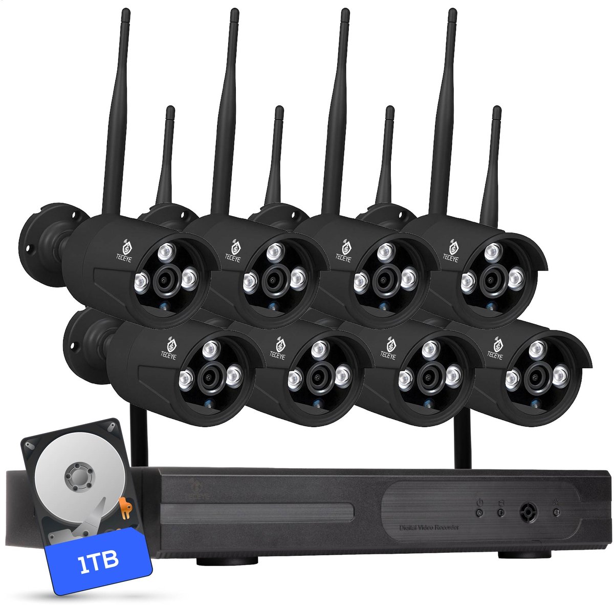 Teceye - Bullet Beveiligingscamera Buiten met Recorder - Draadloze Buitencamera - 8 Camera - 1TB Opslag