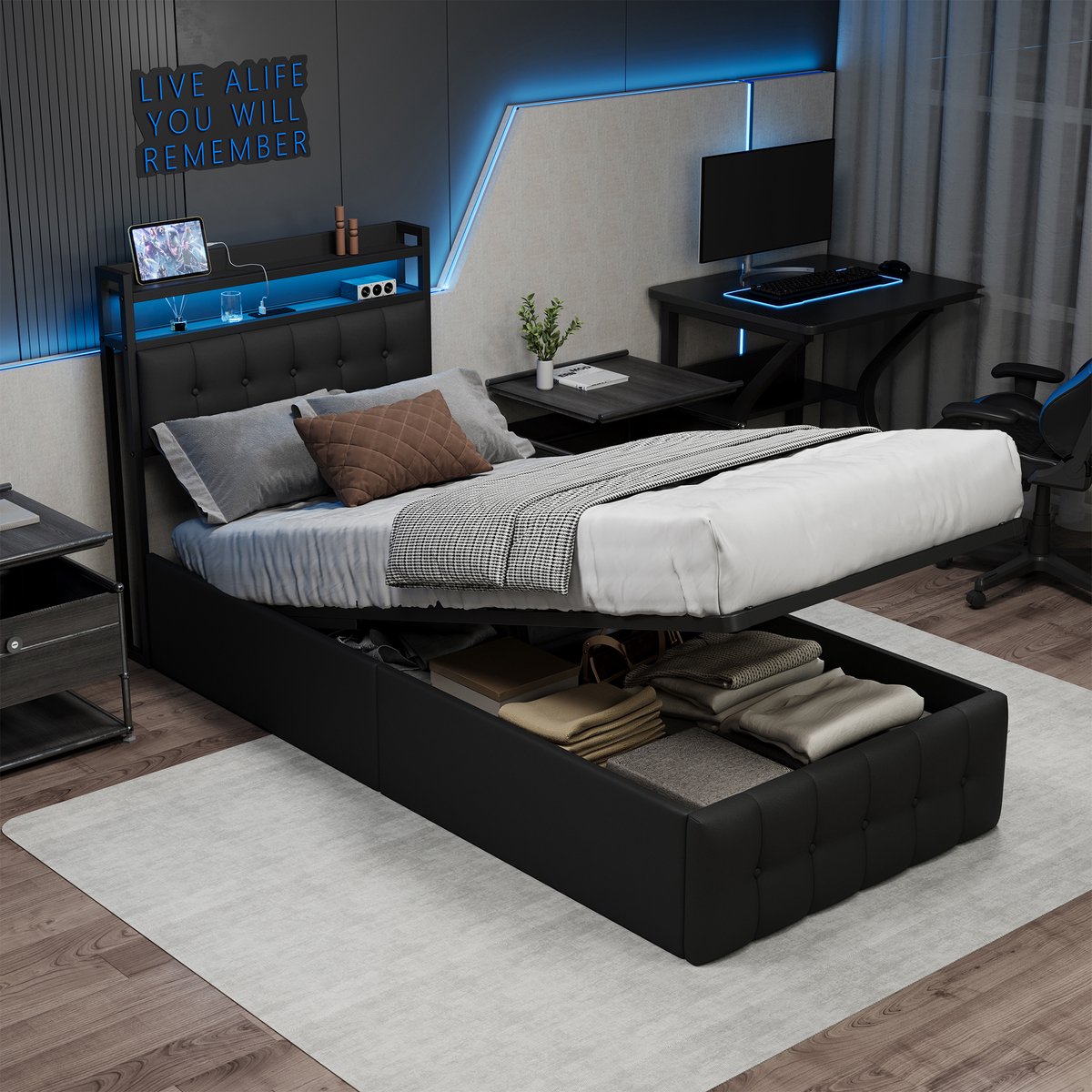 Opbergbed 90x200 cm Zwart met RGB LED, USB-C Laadstation en Gasveer Hoofdbord