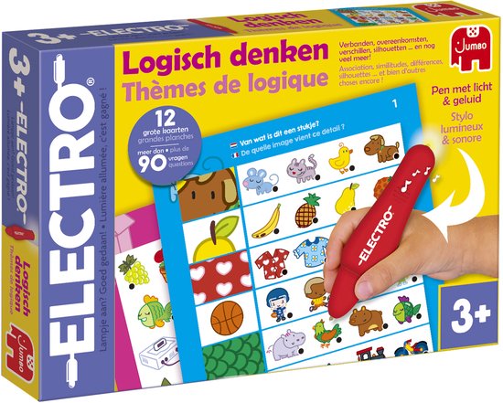 Doos met "Logisch denken" spellen voor kinderen, met een rode "Electro" pen.