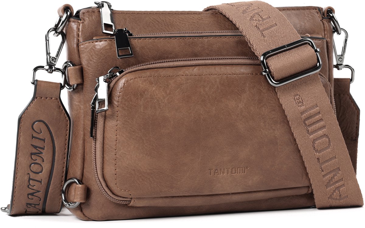 TANTOMI - Schoudertas dames - Crossbody tas - met met verstelbare en afneembare brede Schouderband - met meerdere ritsvakken - kleine schoudertas - Donkerbruin