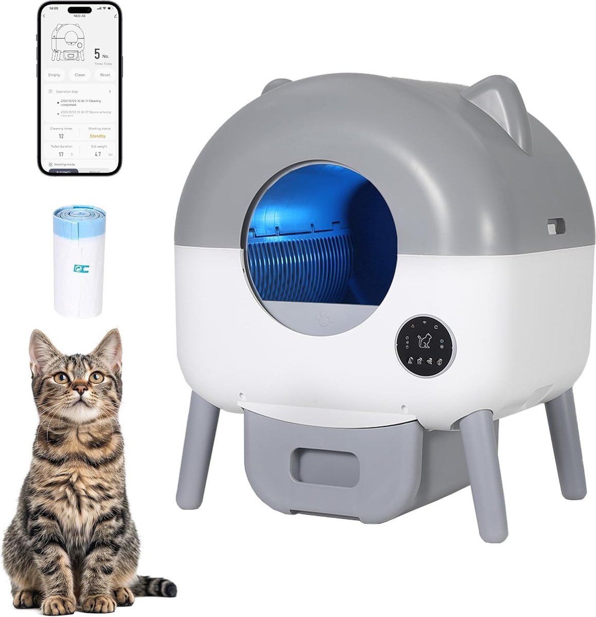 Automatische Zelfreinigende Kattenbak 76L - Slim met App, Geurverwijderaar, Veiligheidssensor en LED-verlichting, voor Meerdere Katten