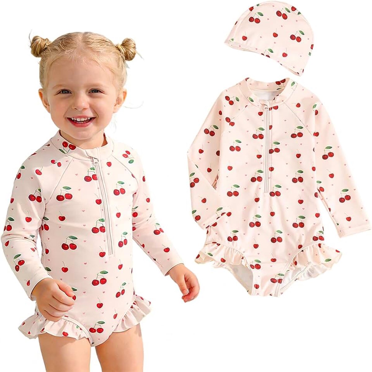 Babymeisjeszwempak met badmuts Babyzwempak met kersenprint en lange mouwen Peuterzwempak met zonbescherming en ritssluiting aan de voorkant Eendelig zwempak