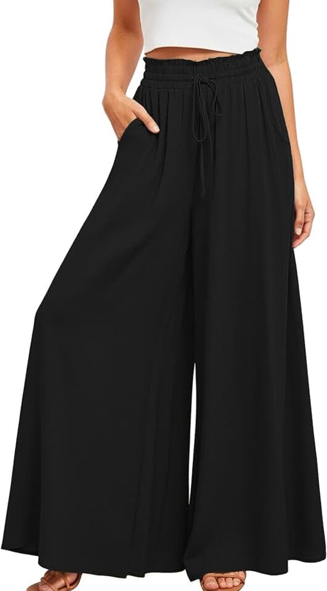 Zomer, hoge taille, vloeiende palazzo-broek, brede pijpen, casual, licht, elegant, strand, casual broek met zakken en trekkoord