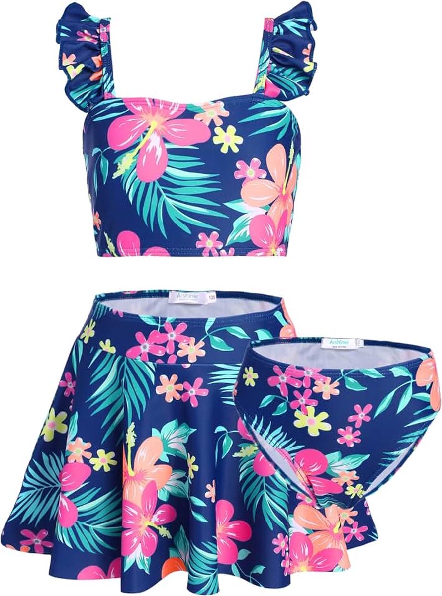 Meisjesbikiniset, 3-delig, zeemeerminnenbadpak, met ruches, tankini met rok, badmode, badpak, 5-12 jaar