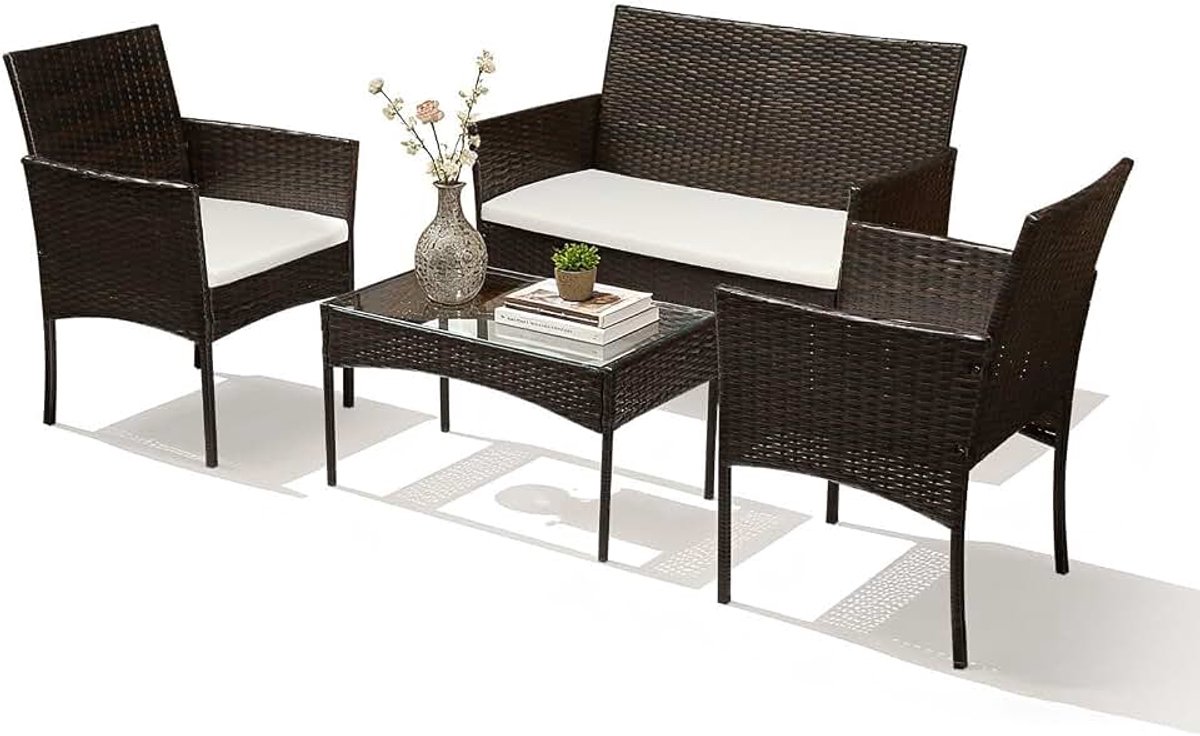 Zitgroep balkonmeubels 7-delige tuinmeubelset, terrasmeubels voor 4 personen, incl. zitkussen en tafel, voor outdoor terras tuin, bruin