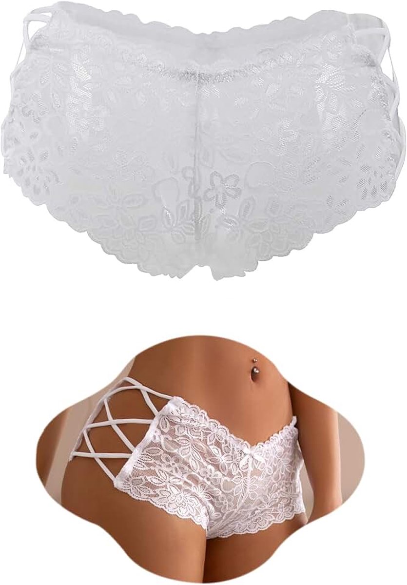 Ohmydear Dames Hipster Kanten Slipje Hollow Out Hoge Taille Slip Grote Maten Sexy Ondergoed voor Vrouwen Kruisrubber Plus Size Bikini Slip Woman Pantys XS-4XL