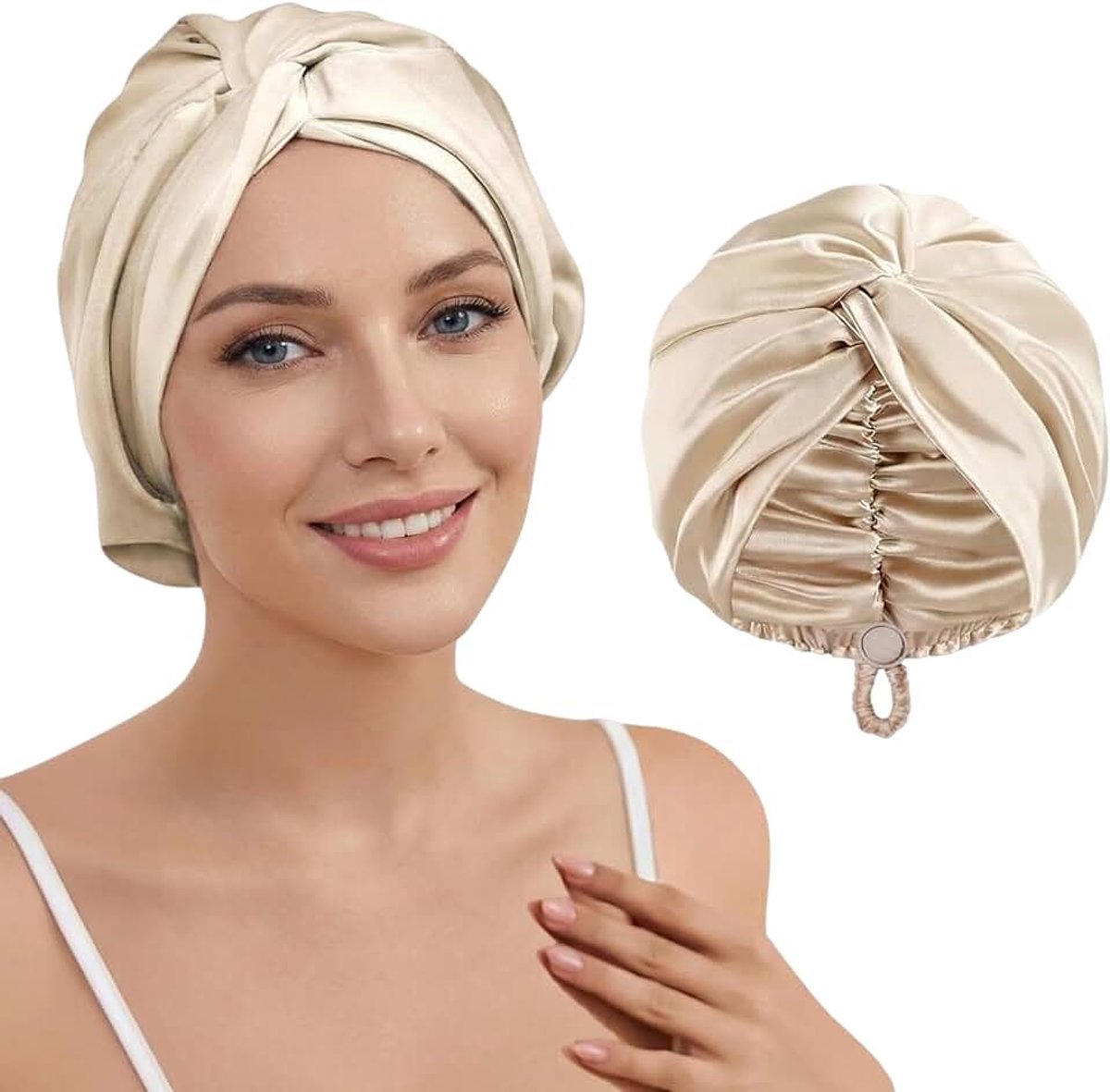 Zijdekap om te Slapen, Satijnen Slaapkap & Haar Bonnet, Verstelbare Zijdekap voor Lang Haar, Slaapturban voor Vrouwen en Mannen (Champagne)