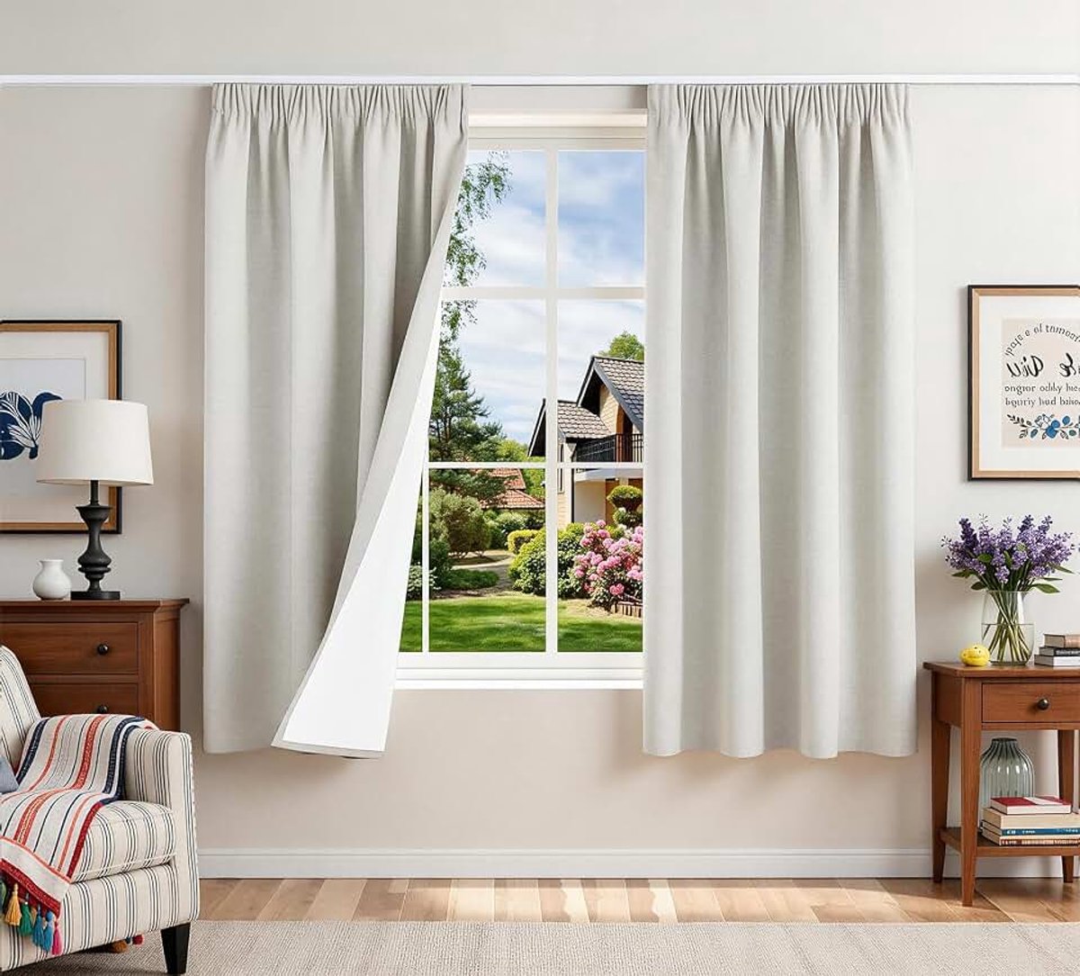 100% verduisteringsgordijn met plooiband, warmte-isolerend, tegen kou, 2 stuks, 140 x 175 cm (l x h), linnen, voor rail, slaapkamer, woonkamer, huis, anti-hitte, lawaai, lichtbeige