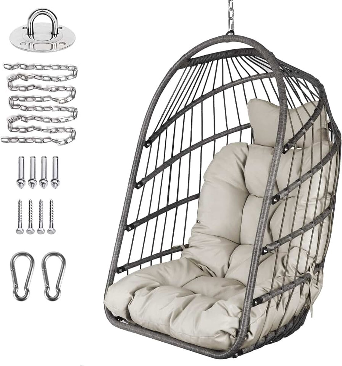 Opvouwbare rieten rotan hangstoel schommel - binnen/buiten terras rieten hangmat met roestvrij staal opknoping kit ketting link UV-bestendig kussen