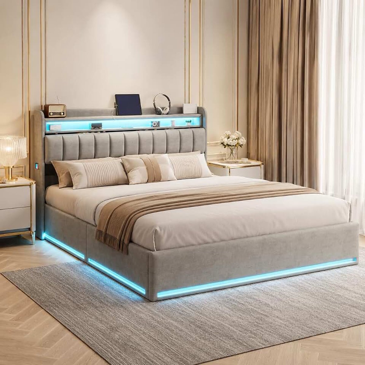 Gestoffeerd bed, 140 x 200 cm, met RGB-led, fluwelen bed met gaslift opbergruimte, functioneel bed, tweepersoonsbed met USB Type-C laadstation en opklapbaar hoofdeinde, grijs