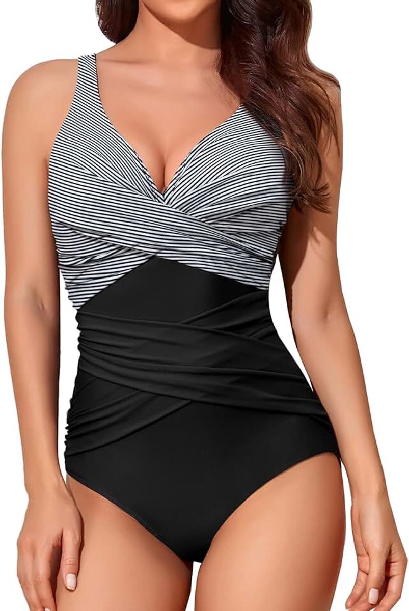 Badpak voor dames, buikcorrigerend, afslankend, push-up, schuimvulling, ruches, retrostijl, vintage