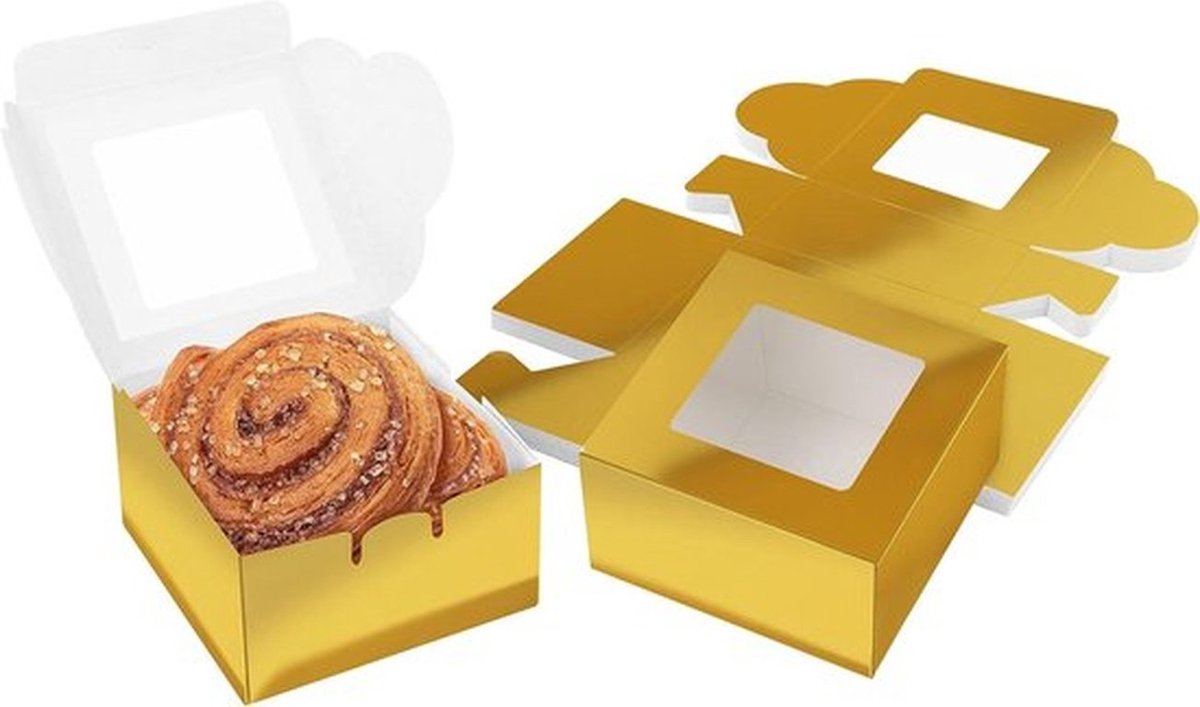 - Gouden Papier - Hobby Bakkerij Gebak - Enkele Bakkerij Gebak Doosjes met Raam (50 Pak) - 10,16 x 10,16 x 5,7 cm - Wegwerp Verpakking Doosjes - Koekjes, Cupcakes, Desserts & Taartjes.