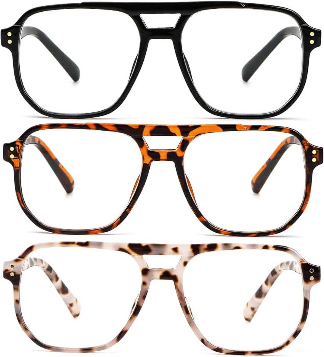3-pack leesbril voor vrouwen en mannen retro rond oversized frame anti-blauw licht bril met veerscharnier