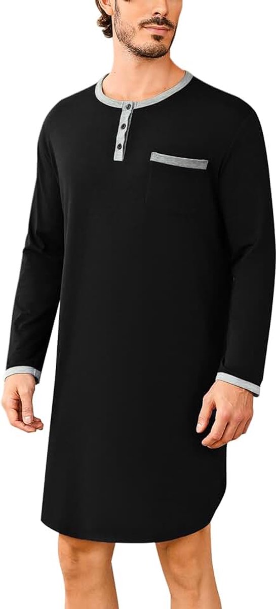 Slaaphemd voor heren, pyjama voor heren, lange mouwen, nachthemd van katoen, pyjama, zacht, ademend, comfortabel