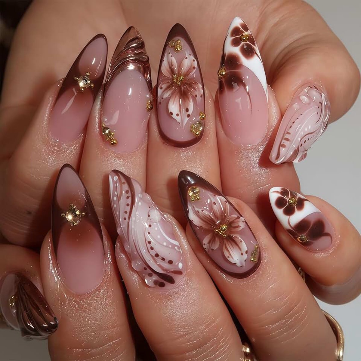 Tips Druknagels Middelgrote Amandelnagels Met 5D Bloemmotief Ontwerp Glanzende Bruine Plaknagels Watereffect Strass Valse Nagels Herbruikbaar