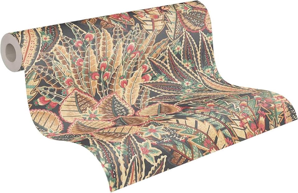 Behang 396531 met palmbladeren in geel, rood, groen, bruin - hoogwaardig bloemenbehang met design voor de woonkamer - 10,05m x 0,53m - Made in Germany