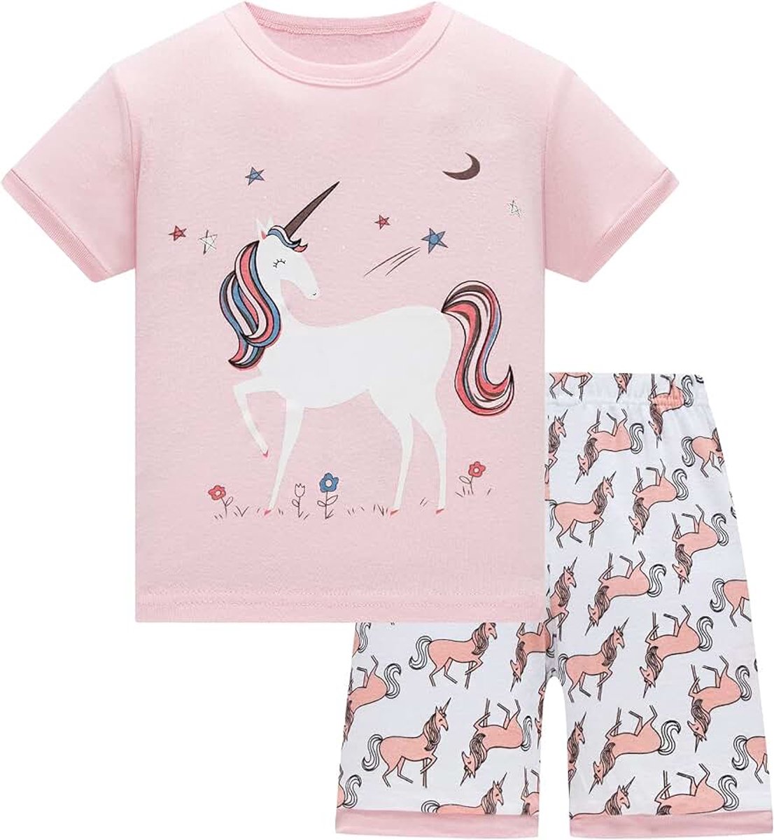 Pyjama Zomer Shorts Sets Eenhoorn 100% Katoen Nachtkleding Korte Mouw 2 Stuk Outfit voor Kinderen Leeftijd 1-12 Jaar