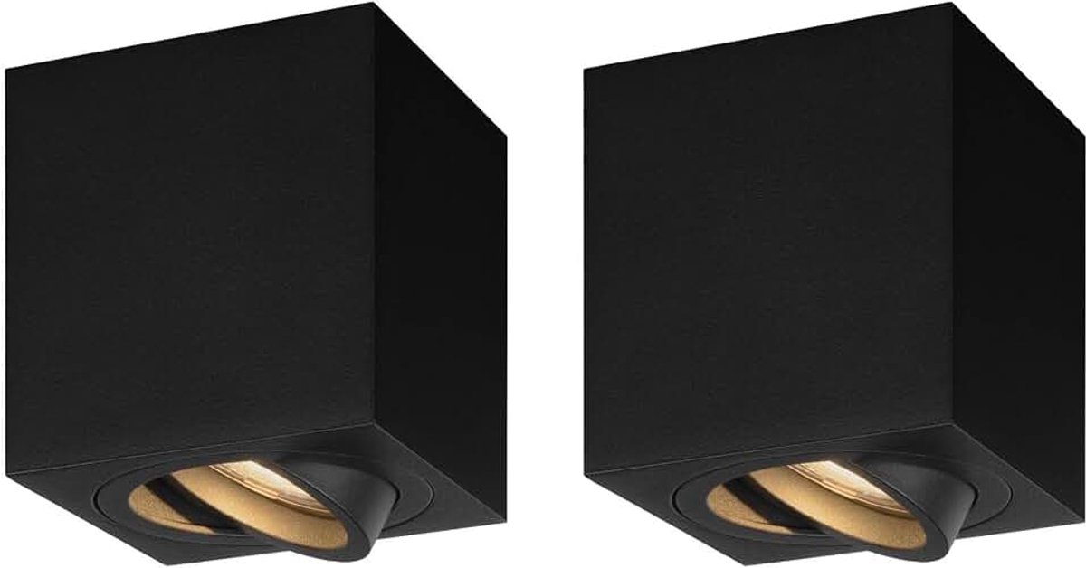 2 stuks LED opbouwspot zwart vierkant 3W warm wit dimbaar | met lichtbron geleverd; voor plafond hal keuken en woonruimte