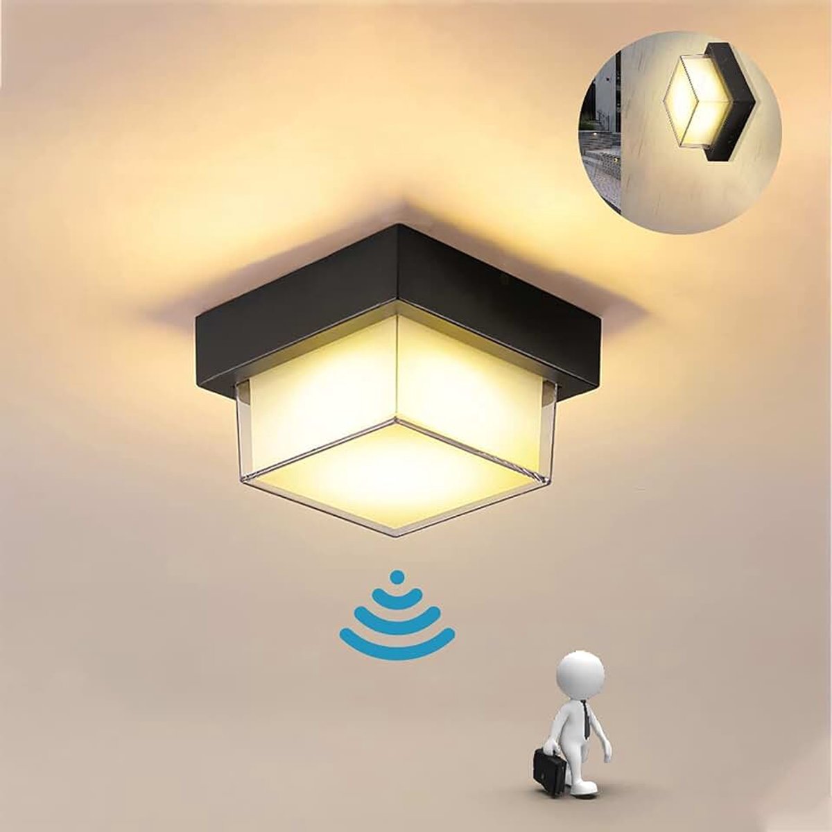 Plafondlamp met Bewegingsmelder 8W LED Wandlamp met Bewegingssensor Buiten/Binnen IP65 Waterdicht Zwart Acryl Plafonniere 3000K voor Trappenhuis Tuin Hal Pad Gang Balkon Terras Veranda Sensorlamp