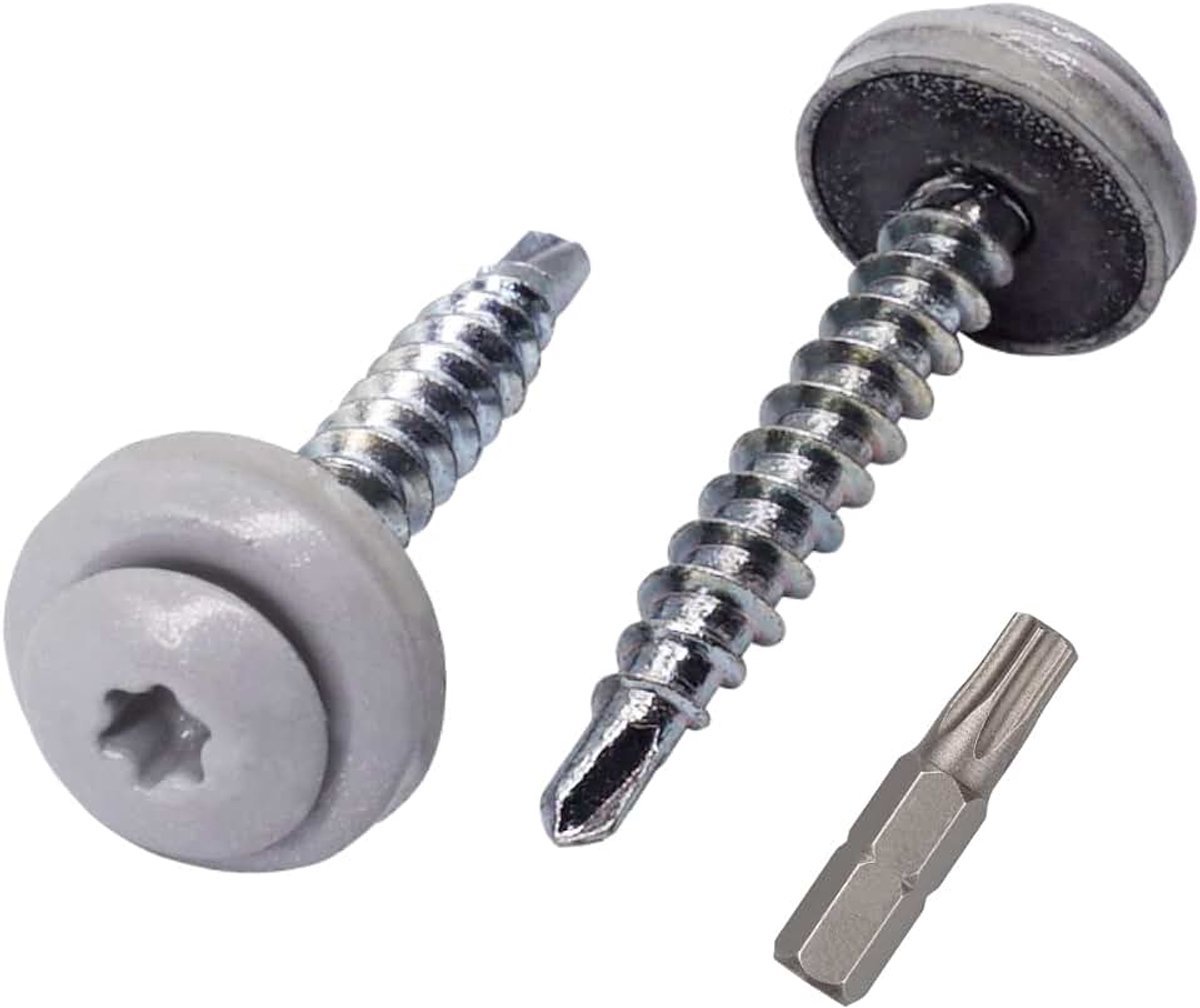 (Pack van 60 stuks) Metalen dakbedekking Torx-schroeven, 4,8 x 35 mm geschilderde zelfborende schroeven met EPDM-ringen, plaatschroef (60, wit aluminium RAL 9006)