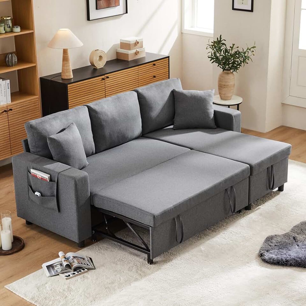 Slaapbank met slaapfunctie, chaise longue links/rechts verwisselbaar, bank met opbergruimte en zijzakken, gestoffeerde bank voor de woonkamer, uitklapbare hoekbank (Dark Grey1, 3