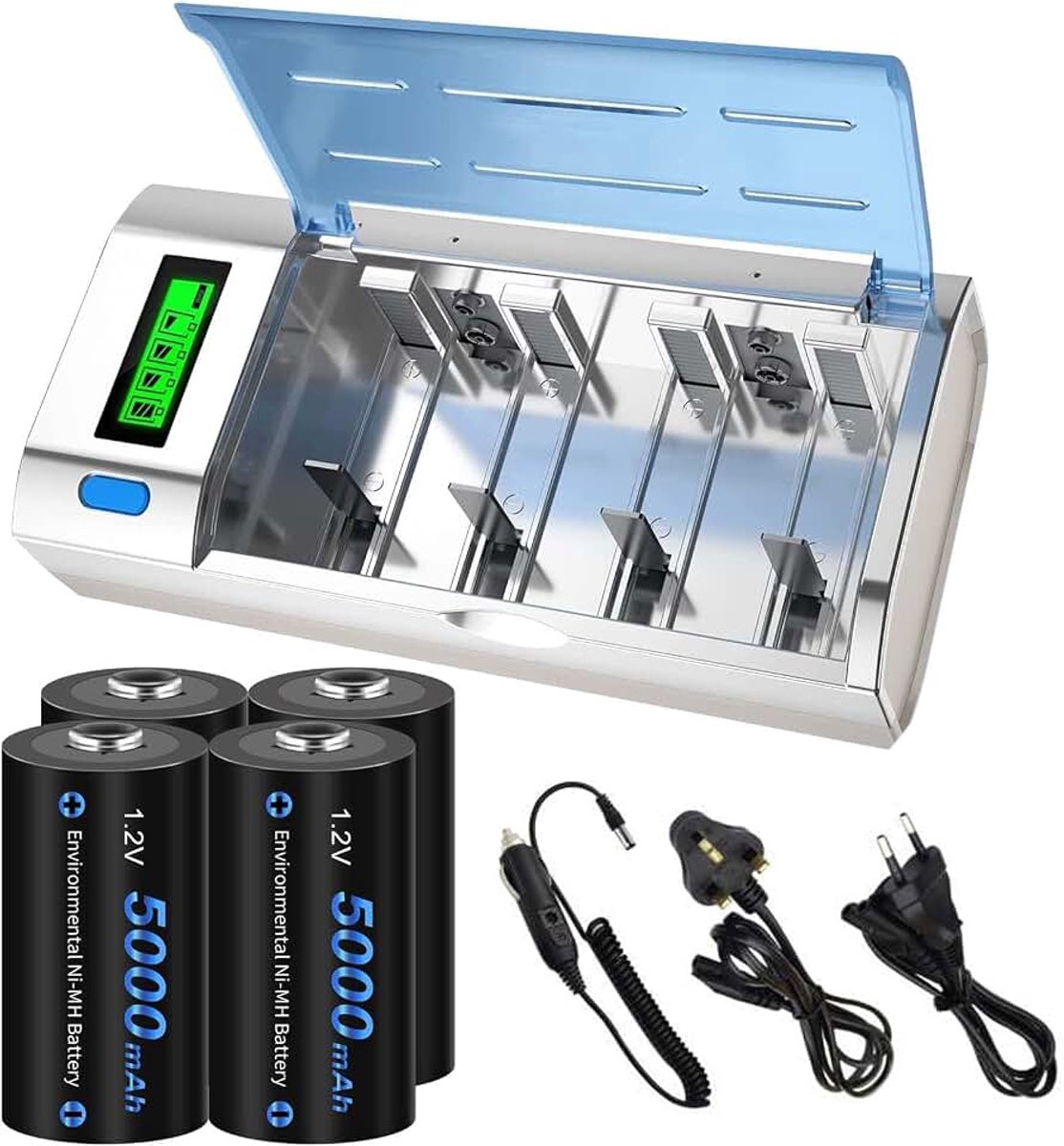 Universele LCD display batterijlader met ontlaadfunctie voor AA, AAA, C, D, 9V NI-MH NI-CD batterijen met 4 x NI-MH C formaat 5000mAh batterij