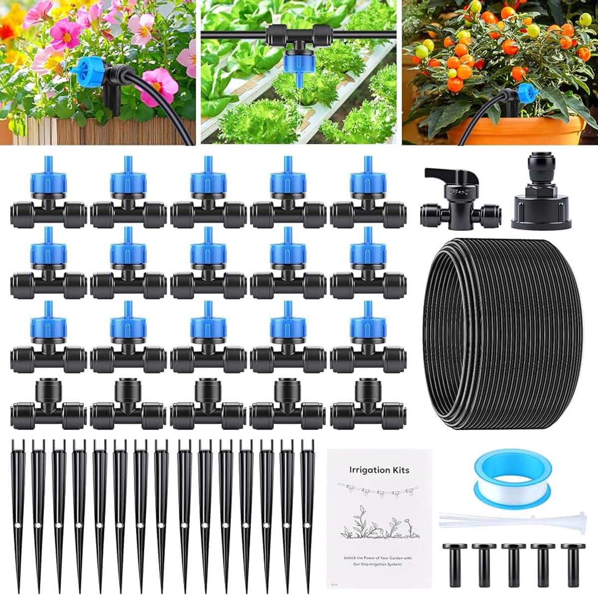 Druppelirrigatieset, waterbesparende irrigatieset met 60 accessoires (met 15 druppelpunten en 20 m slang) voor landschap, balkon, bloempot, 60 stuks