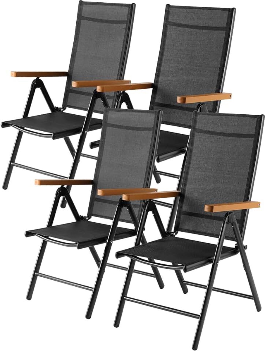 Tuinstoelen set van 4, Inklapbare Buitenstoelen met Armleuning van Imitatiehout, 7-voudig Verstelbare Rugleuning, Ademend Balkonstoel campingstoel voor Veranda's Terrassen
