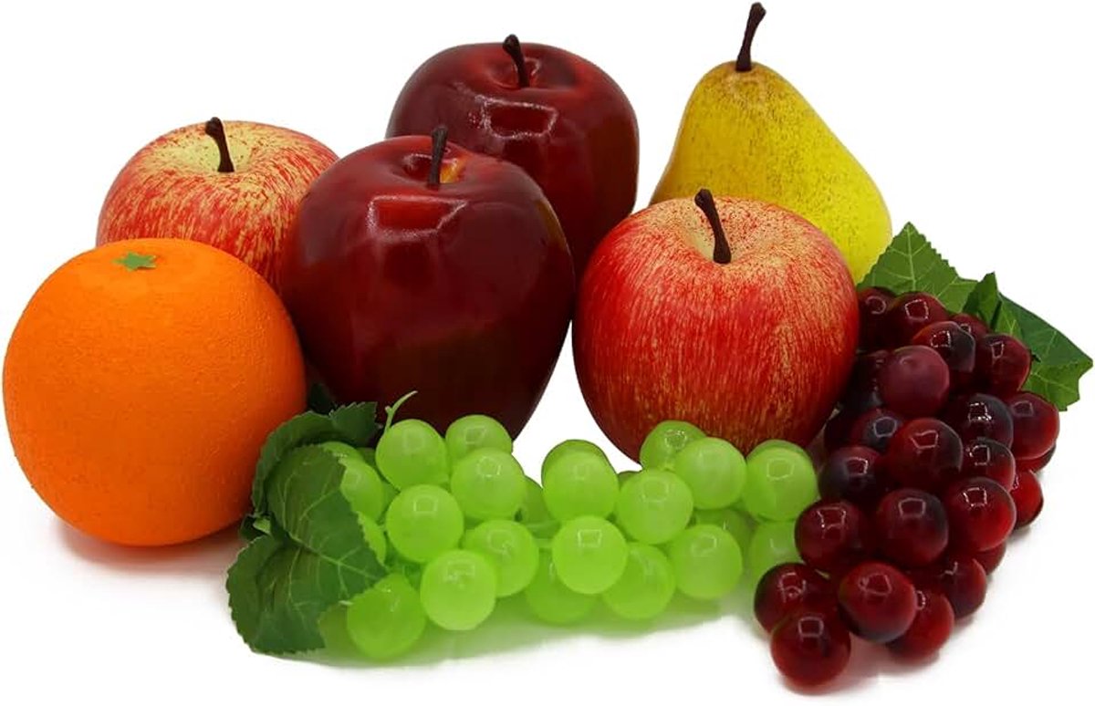 Kunstmatig nepfruit, 8 stuks nepfruit middenstukken eettafel decoratief, levensecht fruit bevat nepappel, druif, sinaasappel, peer voor keukendecor thuis