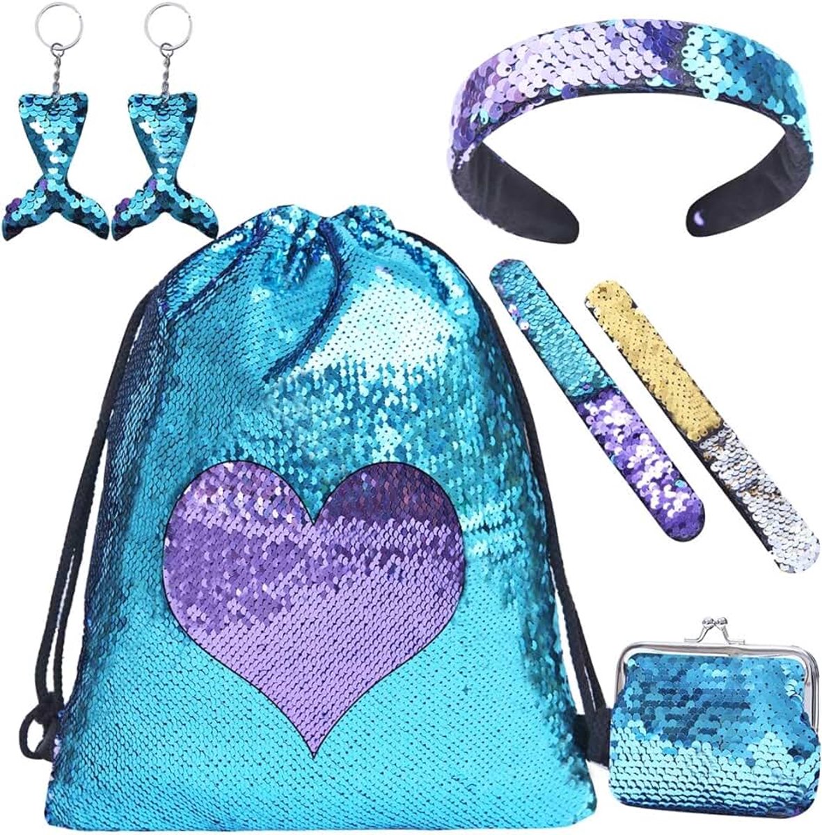 Glitterrugzak voor meisjes, met pailletten, handtas, armband, sleutelhanger, hoofdband, cadeau voor meisjes, 7-10 jaar, blauw, maat