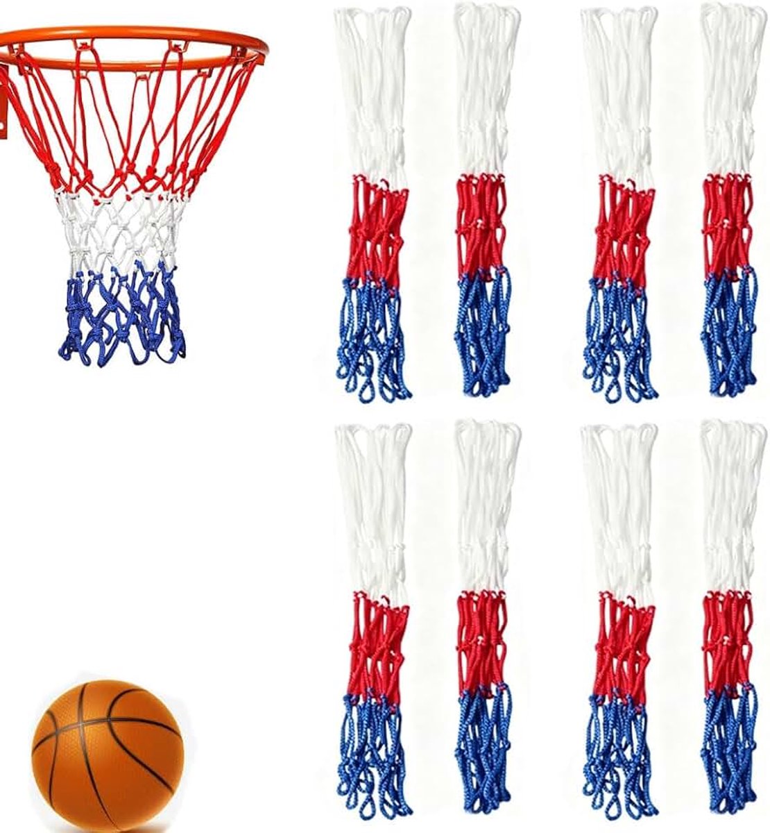 Basketbalnet voor basketbal, 8 mini vervangende basketbalnetten voor binnen/buiten schoolvelden (8 ringen)