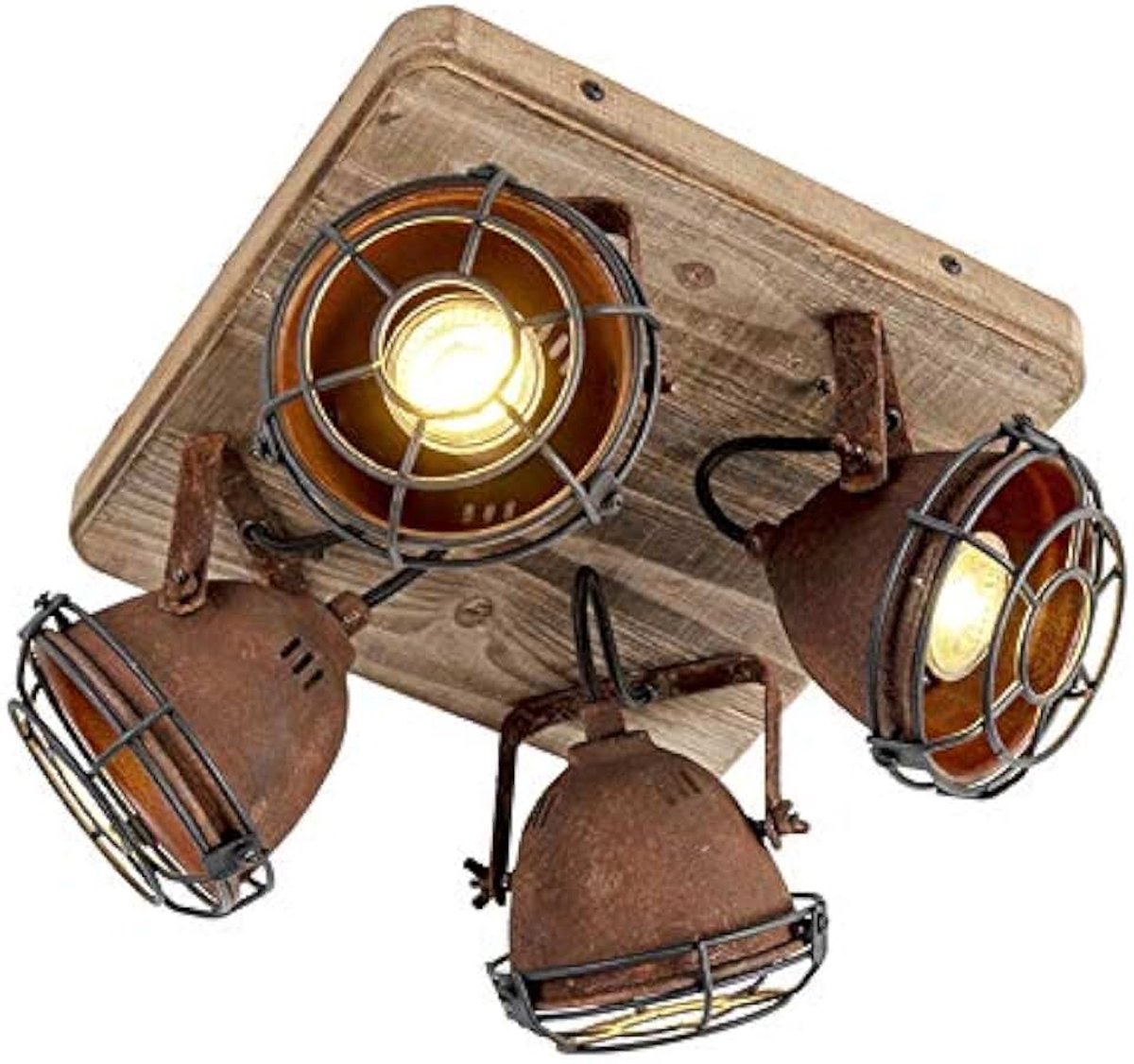 - Industrieel | Industrie spot roestbruin met hout kantelbaar 4-lichts - Gina | Woonkamer | Slaapkamer | Keuken - Staal Vierkant - GU10 Geschikt voor LED - Max. 4 x 25 Watt
