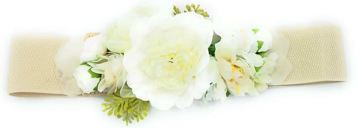 Bloemenriem voor damesjurken, elastisch, met kunstbloemen, Band Beige Bloemen Wit, hasta talla 40