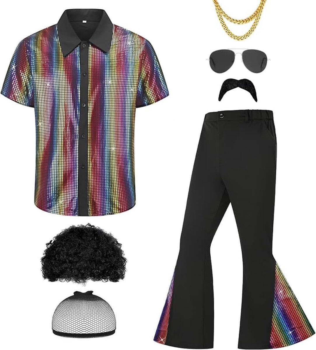 Heren-jaren '70 disco outfit kostuum korte mouwen hemden slagbroek pruiken halsketting snor zonnebril 6 stuks