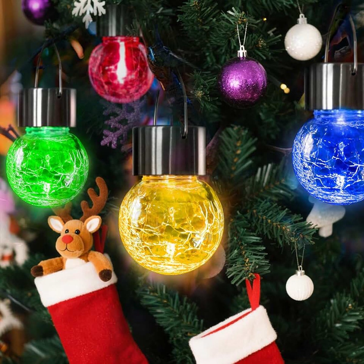 Solar hanglampen voor buiten, 4-pack Solar Crackle Glass Ball Lantern, waterdicht, meerdere kleuren, automatische verandering voor feestjes, tuin, hek