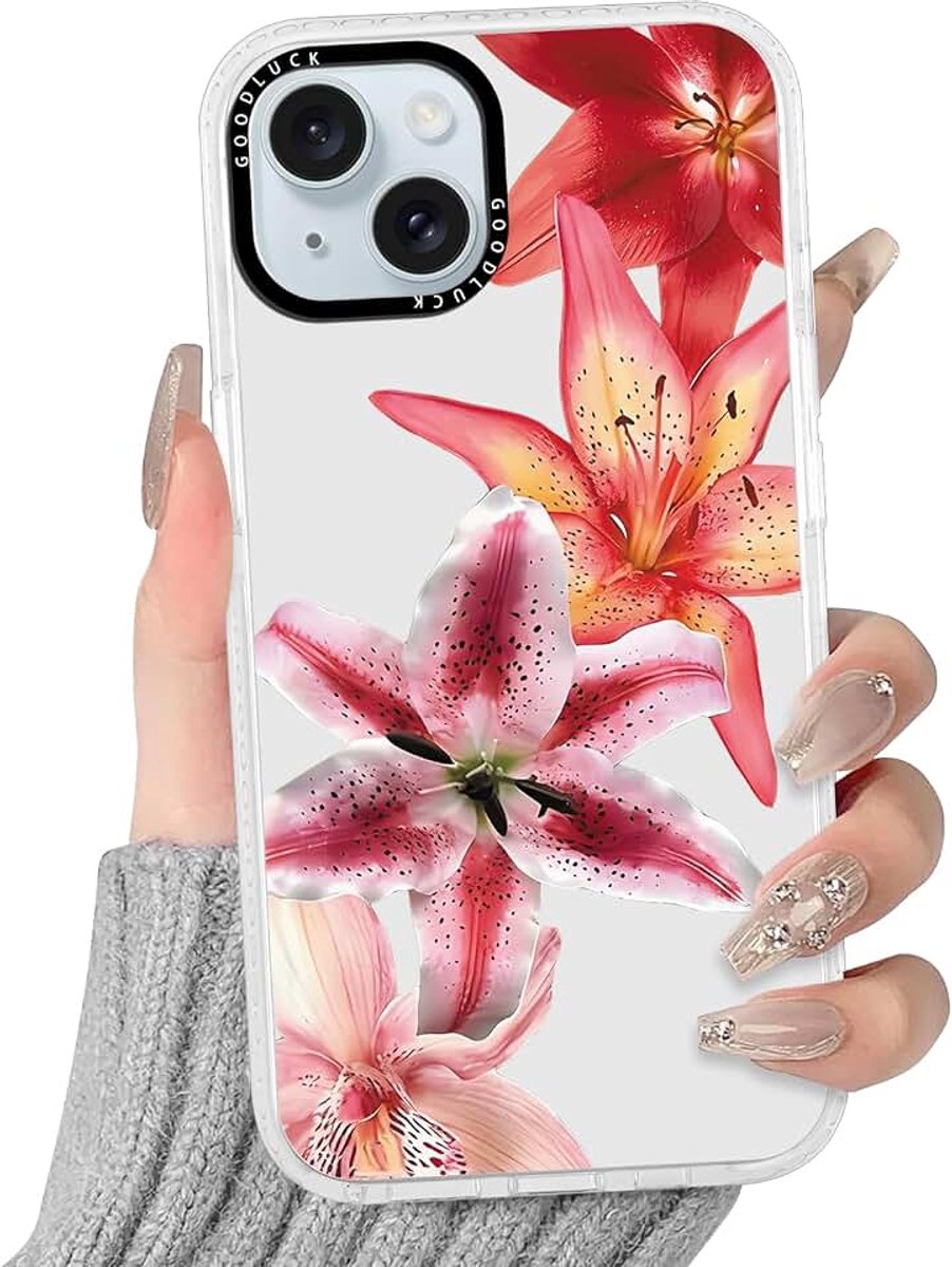 Hoes voor iPhone 15, esthetische bloemen, hibiscus, zomerpatroon, motief, design, transparant, mode, telefoonhoes, TPU, schattig meisje, stootvast, krasbestendig, case, siliconen beschermhoes