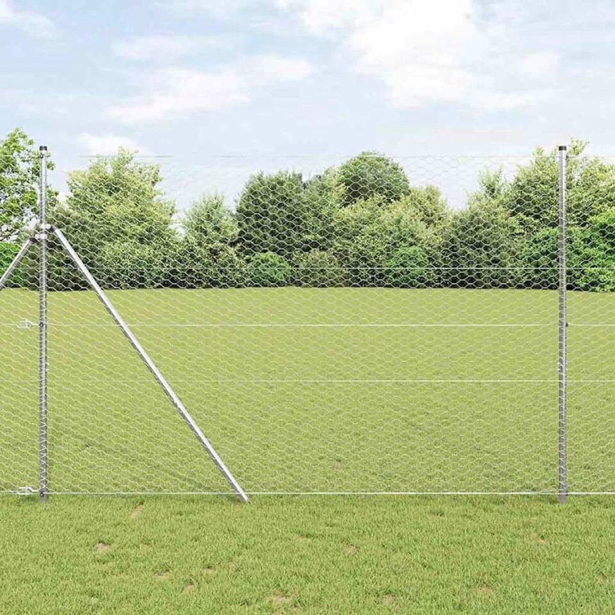 3353004 Zeshoekige omheining, 1,5 x 50 m, hekpalen 13 stuks, Ø 32 mm, 200 cm, verzinkt staal, stabiele stalen palen voor tuinhekken, landbouw, wilgennetten, kippendraad