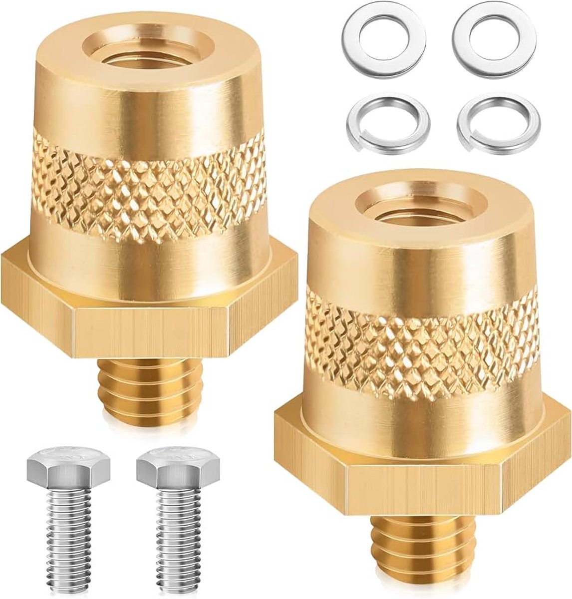 1 paar accupole-adapters, M8 batterijklemmen, batterijaansluitingen, positieve of negatieve messing tonenpaal-adapters, kabelklemmen voor auto's, vrachtwagens, jachtbatterijen, met 2 schroeven en 4