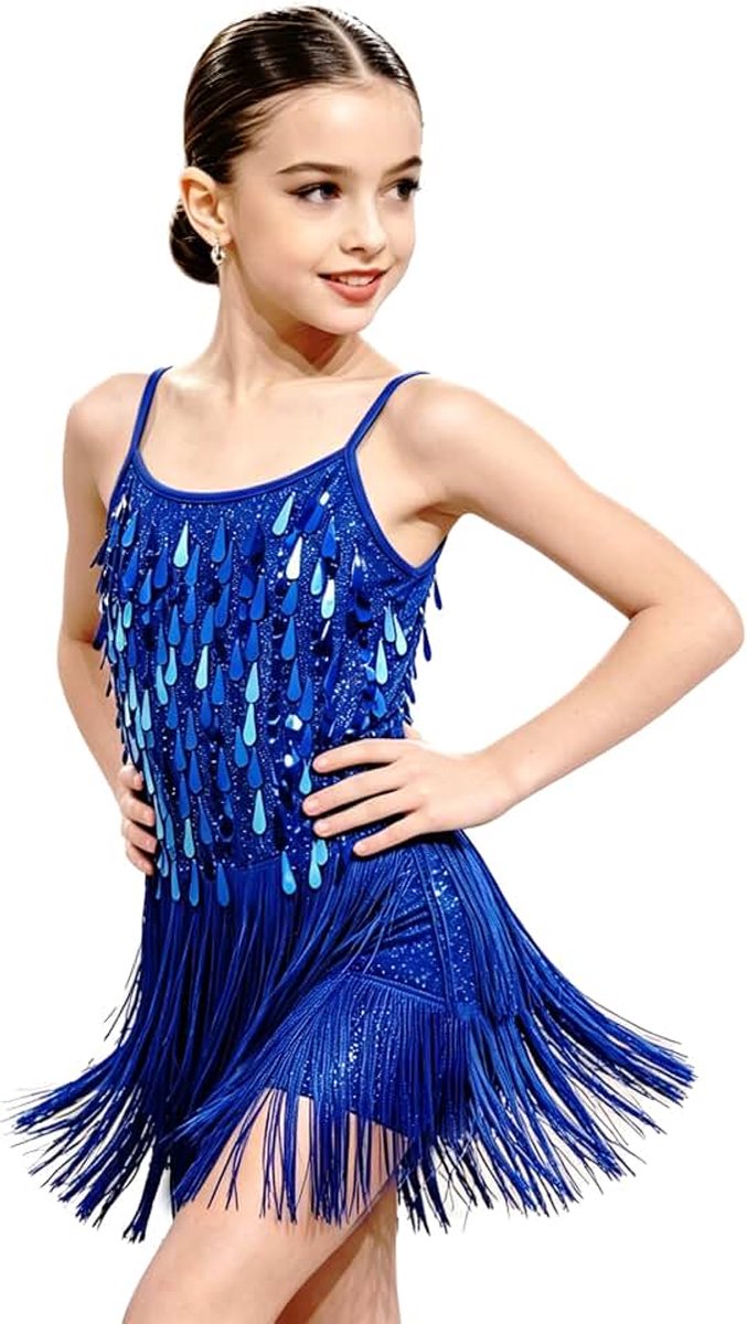 Meisjes pailletten franje danskostuum kinderen Salsa Rumba Latin danskleding set, sprankelende mouwloze kwastjes dans mini-jurk met shorts