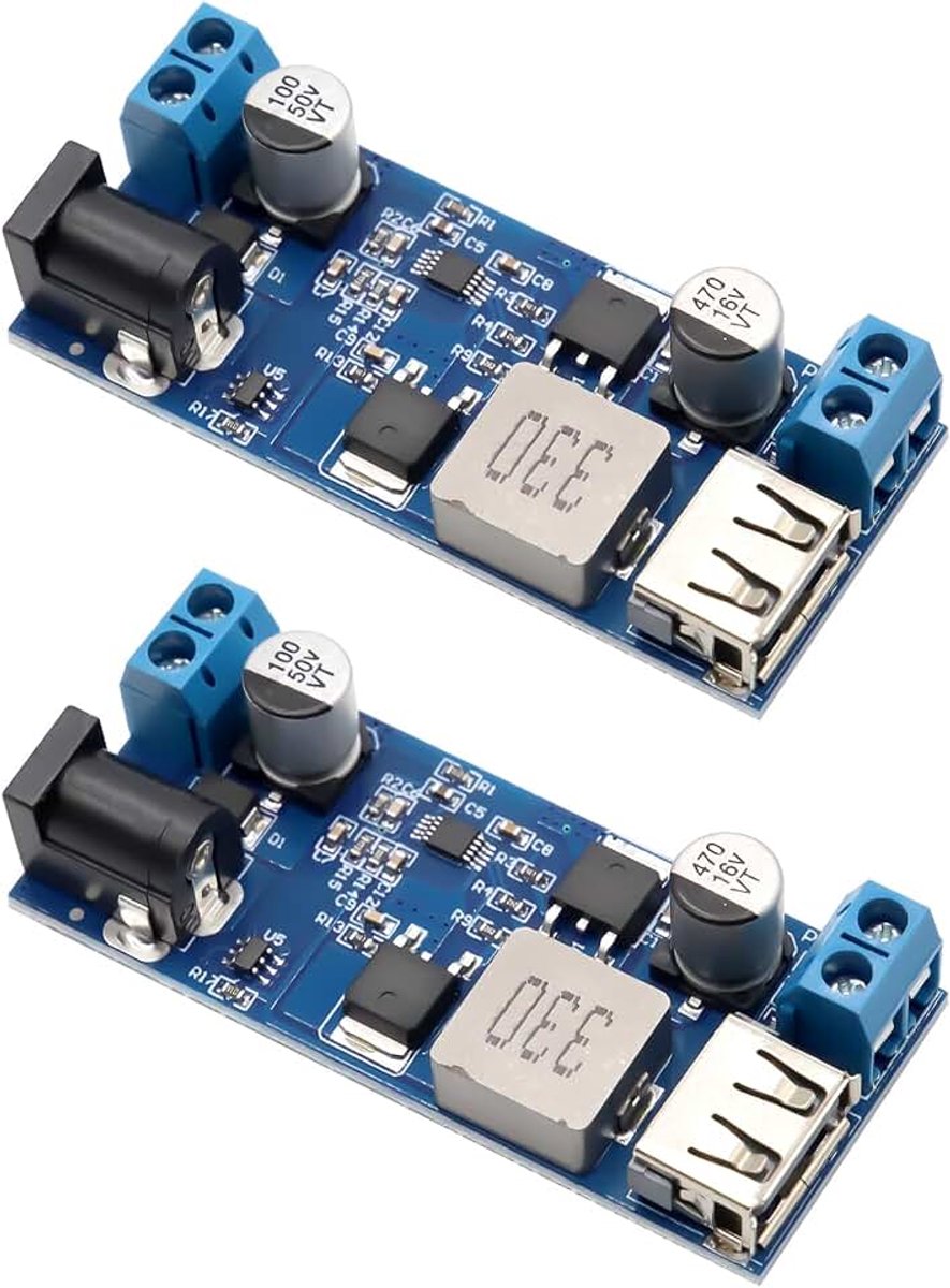 Converter-module Binghe 2 stuks 24 V/12 V naar 5 V/5 A Step Down Power Module DC-DC voeding verloopstuk met USB-poort ondersteunt snel opladen, compatibel met Arduino