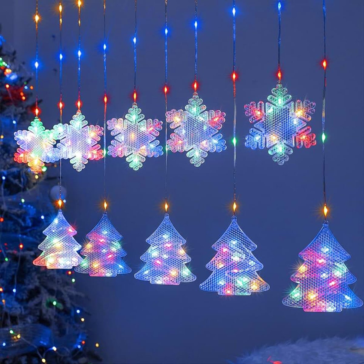 Raamverlichting Kerstdecoraties - 2M 160 LED Kerst Raamverlichting Indoor, Veelkleurige Sneeuwvlok Gordijn Opknoping Fairy String Ijspegel Licht voor Xmas Slaapkamer Muur Party Outdoor, RGB