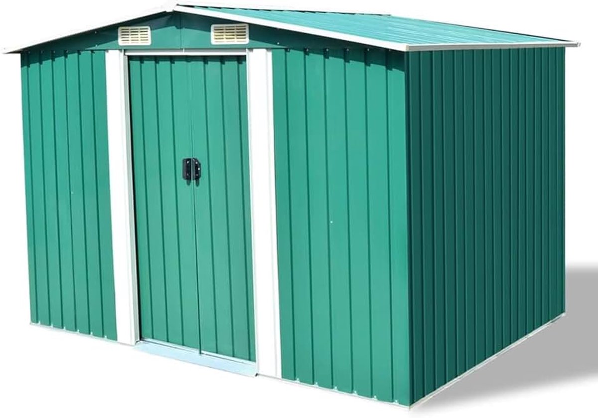 Tuinschuur, groen, metaal, 257 x 205 x 178 cm, weerbestendig, gereedschapsschuur, fietsgarage