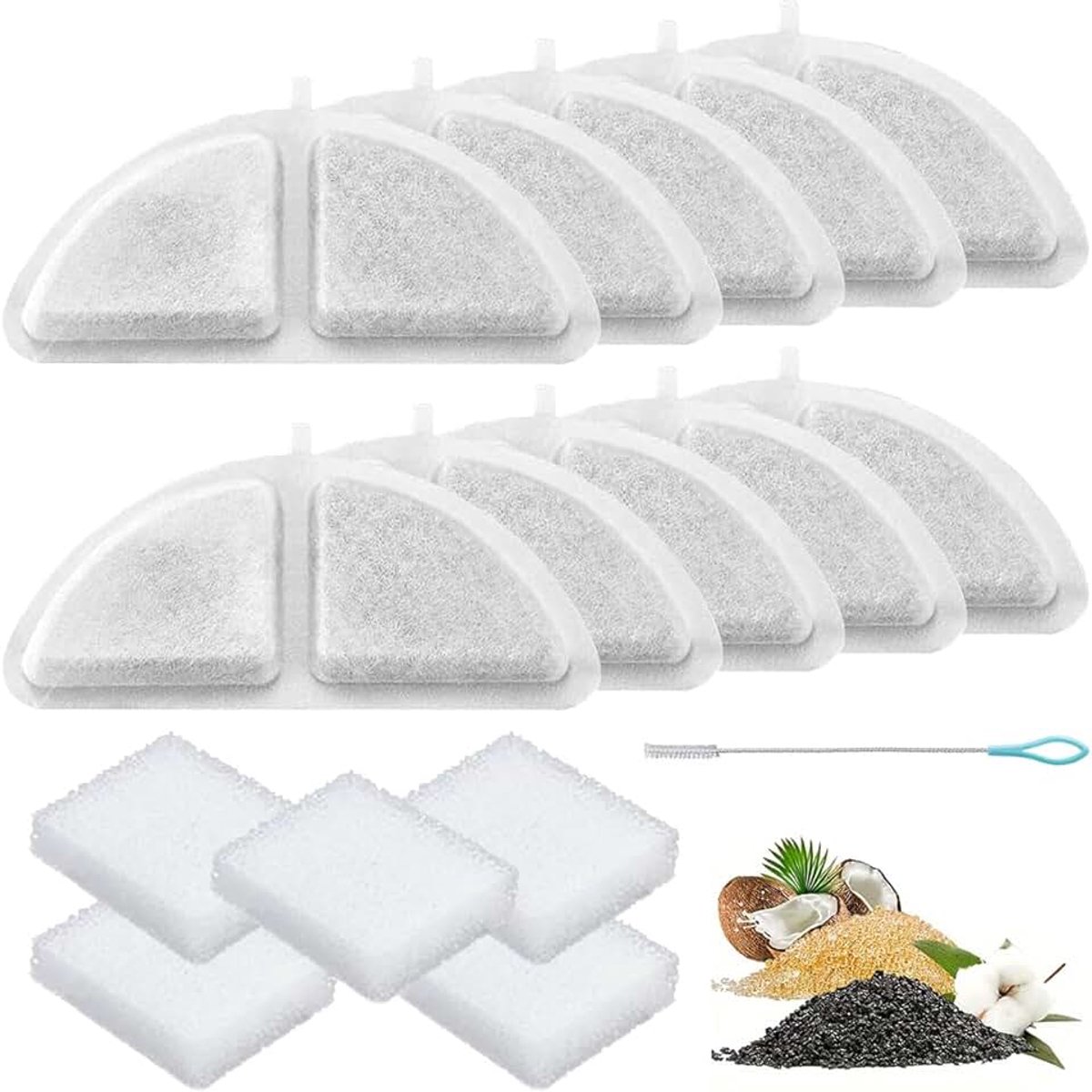 Vervangende filter voor TOMXCUTE P9 draadloze kattenwaterfontein, 10-pack kattenwaterfonteinfilter compatibel voor 3L snoerloze kattenfonteinen met schoonmaakborstel