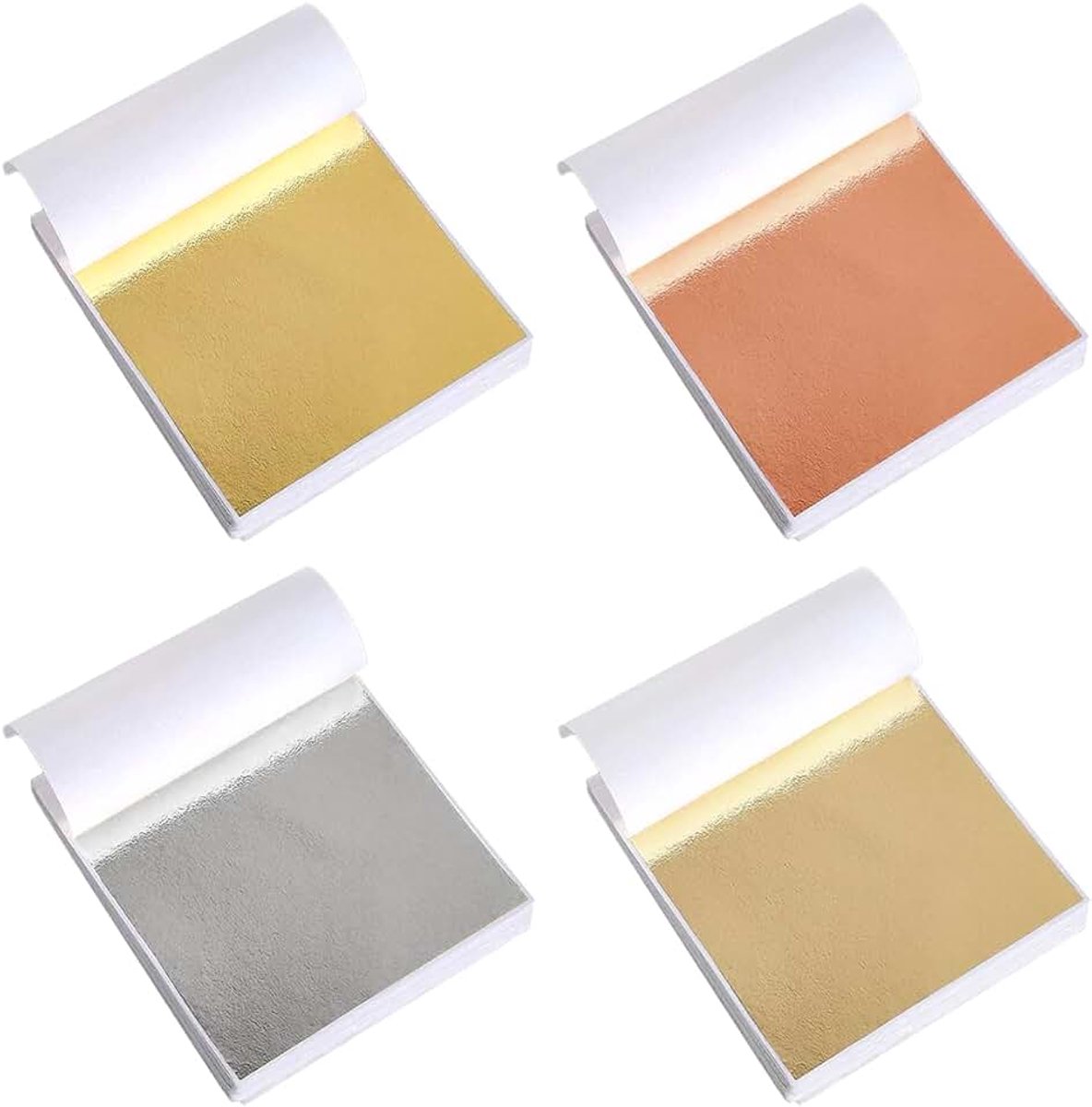400 vellen gouden bladeren, 8 x 8,5 cm, 4 kleuren bladgoud om te knutselen, imitatie bladzilver voor verf, hars, nagels, make-up, sieraden, kunstproject, handwerk, decoratie, sculptuur, meubels