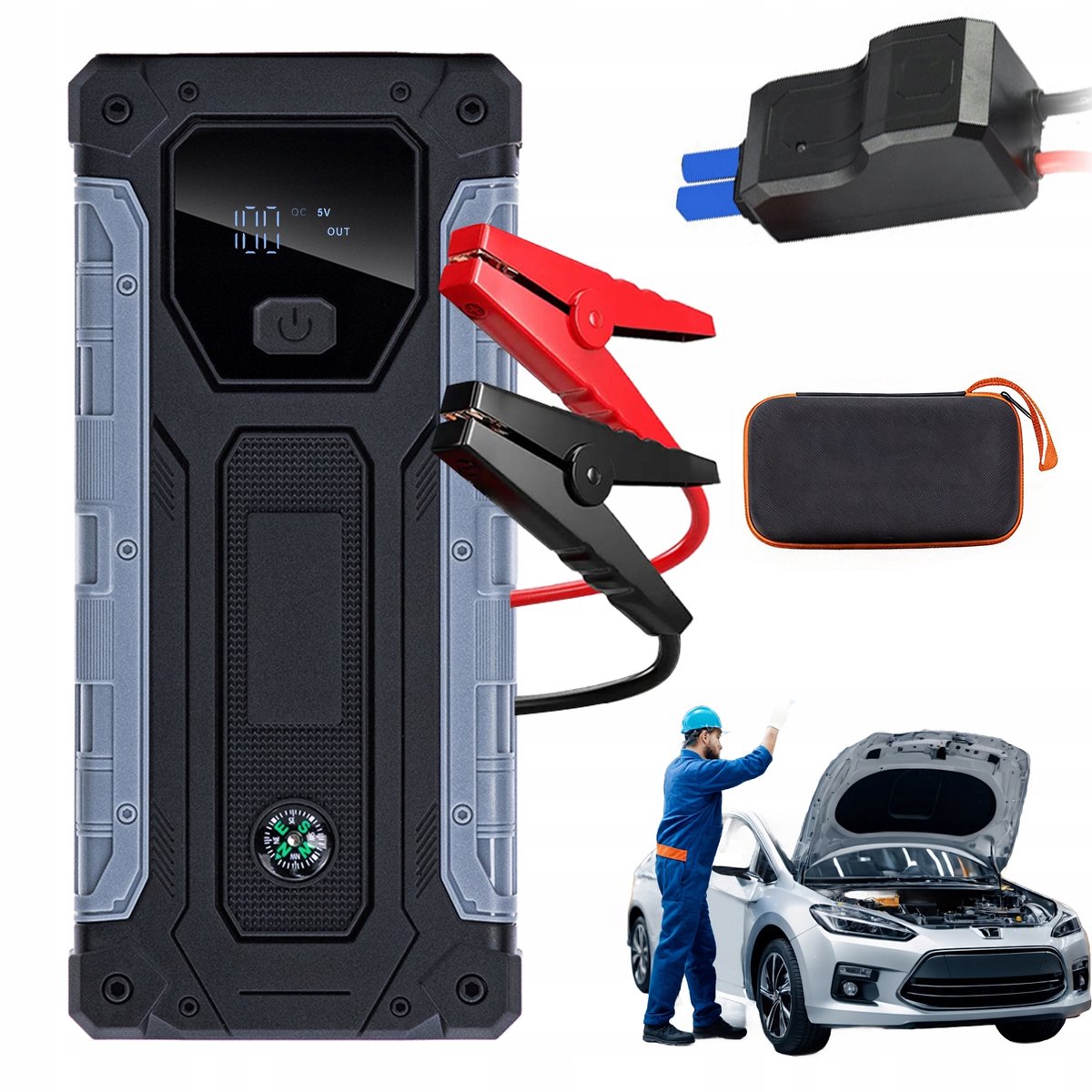 12V Jumpstarter voor Auto - Startbooster - Powerbank - 8000mAh - 1000A - LED & SOS Noodlicht - Lichtgewicht en Draagbaar - Voor 10L Motoren - Benzine en Diesel