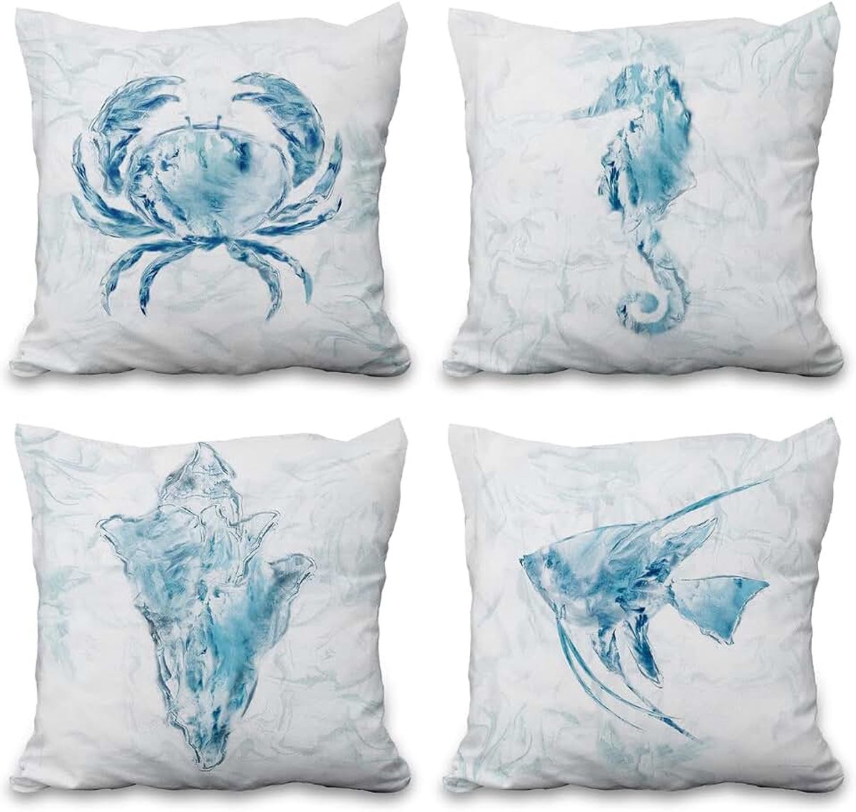 Kussenslopen aquarel conch zeeschildpad vis zeepaardje krab vierkante linnen kussenslopen zomerdecor voor woonkamer buiten bank, 41x41cm set van 4