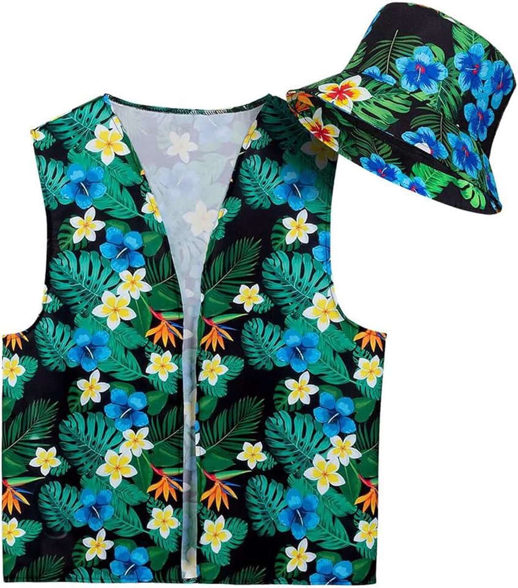 52173 - kostuumset tourist, hoed en vest, bloemenmotief, vakantie, kostuum, carnaval, themafeest