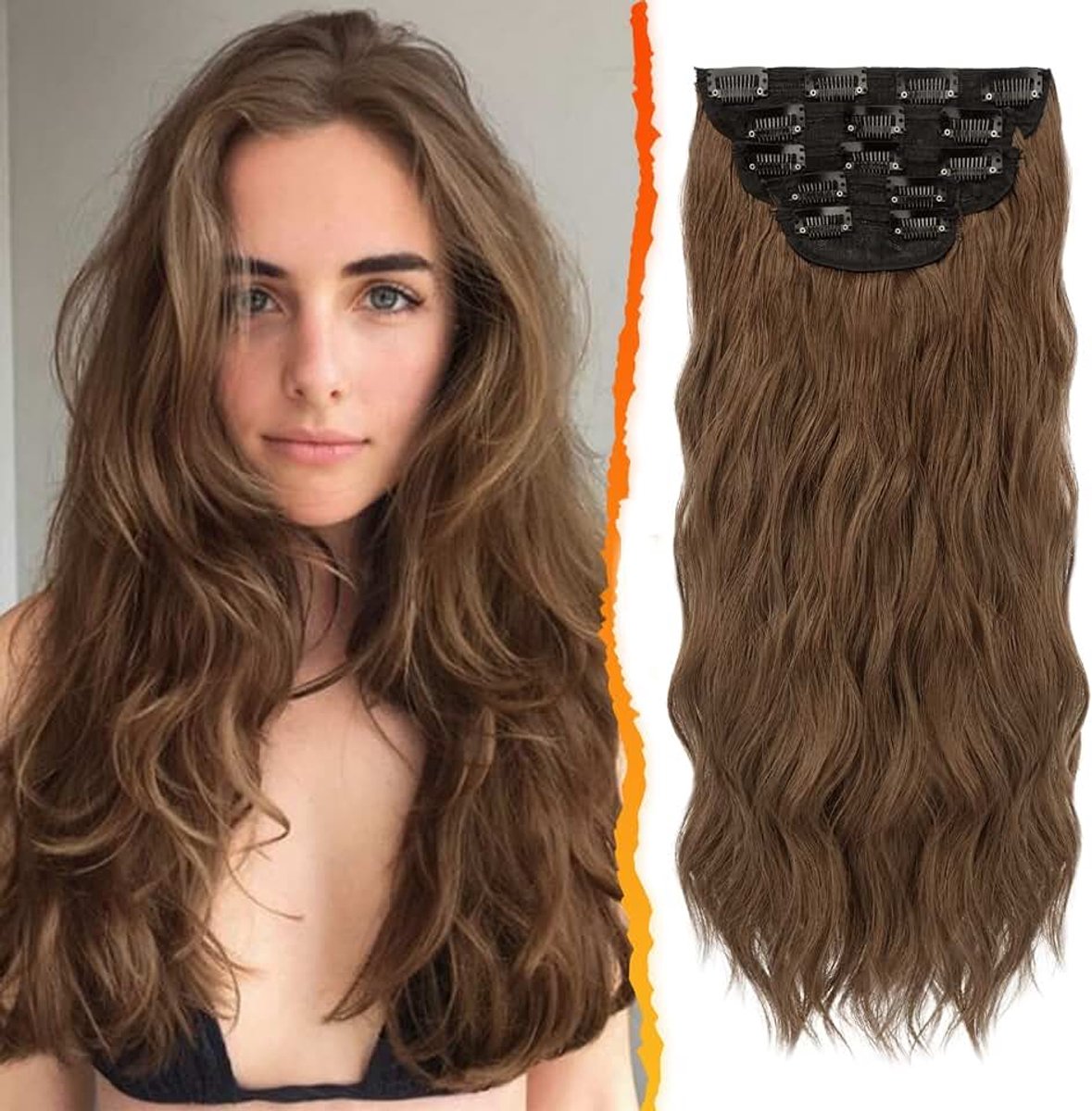 Clip in Hair Extensions, 45cm Lange Golvende Brunette Haarextensions 5PCS Dik Natuurlijk Volledige Hoofd Synthetische Haarstukjes voor Vrouwen Dagelijks Party (Brunette)