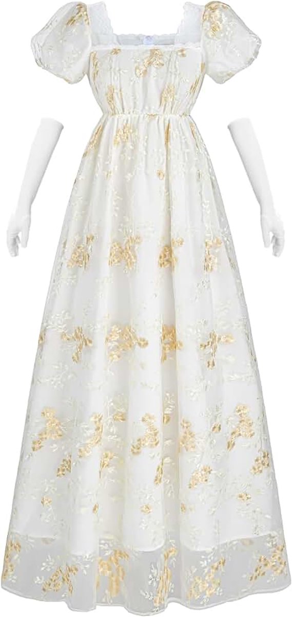 Dames Empire Taille Jurk Regency Baljurk Jurken voor Vrouwen Cottagecore Renaissance Kostuum met Handschoenen